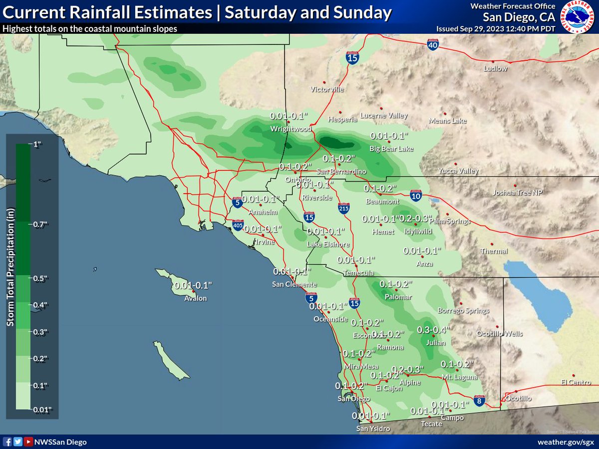 NWSSanDiego's tweet photo. Happy Friday! We're welcoming the first weekend of October with some fall weather🍃

A cooler and windier weekend is in store, with chances for precipitation. Highest rainfall totals will be on the coastal mountain slopes. #cawx https://t.co/jH0X85ylnn