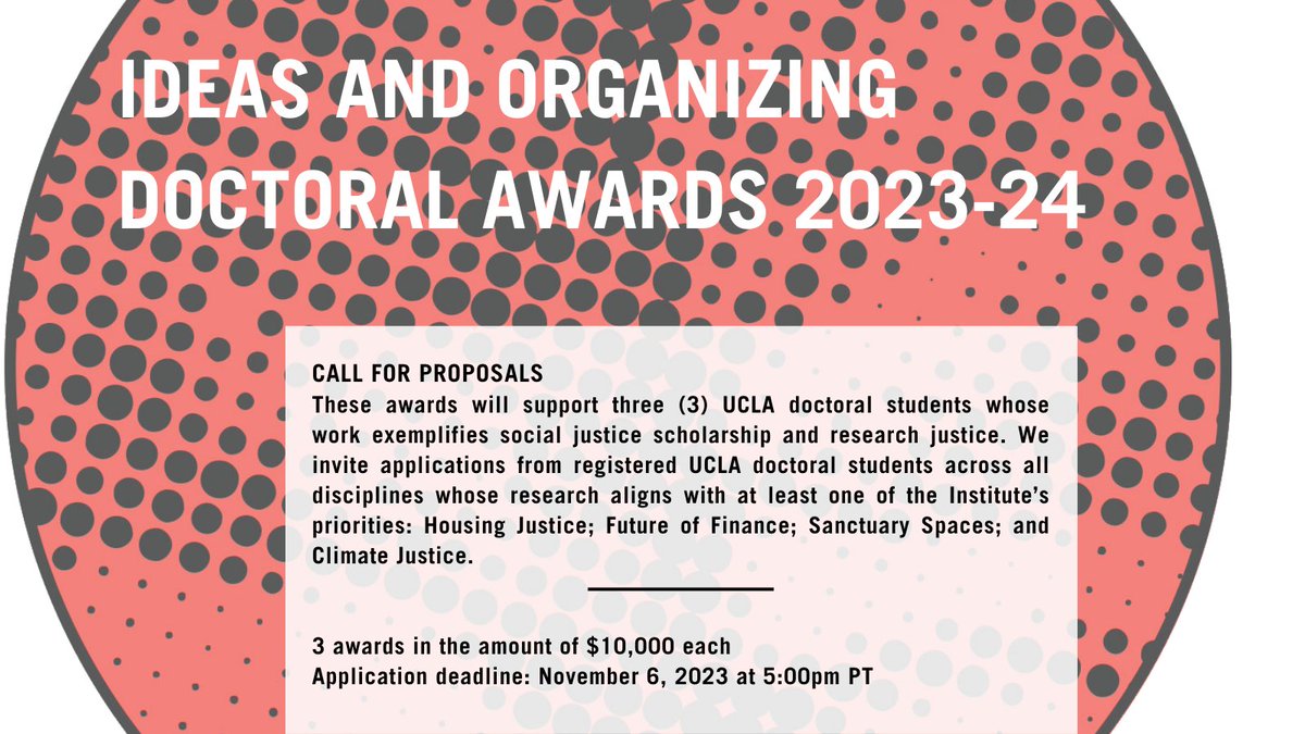 #UCLA DOCTORAL STUDENTS🗣️@ChallengeIneq invites you to apply for the 2023-24 Ideas & Organizing Doctoral Awards. Those who've participated in shared research & organizing w/movement-based orgs are encouraged to apply. Learn more👉DEADLINE: Monday, Nov. 6>> challengeinequality.luskin.ucla.edu/opportunities/