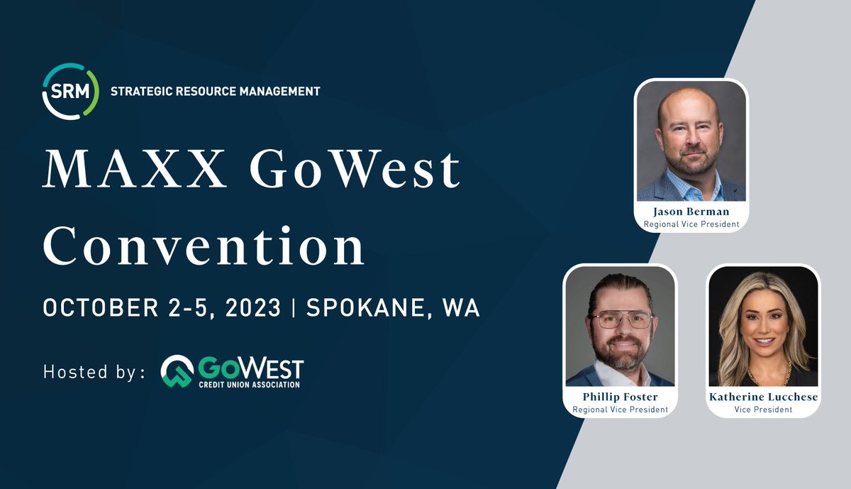 SRMCorp's tweet image. 🌲🌲🌲 Phillip Foster, Katherine Lucchese & Jason Berman are heading to the Pacific Northwest to attend the MAXX GoWest Convention hosted by the @GoWestCUA.
Stop by the SRM booth to discuss #growthstrategies and #expensecontrol as we enter the final quarter of 2023!