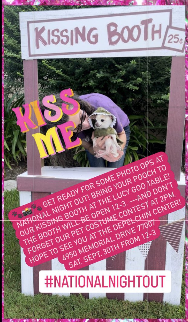 MichaeltheChi's tweet photo. 🐾📸🐾 Get ready for some photo ops at National Night Out! Bring your pooch to my mom’s Kissing Booth at the Lucy Goo table! The booth will be open 12-3. —And don’t forget our pet costume contest at 2pm. Hope to see you at the DePelchin center! (Sat. Sept. 30th from 12-3). https://t.co/w9RZg1nR8H