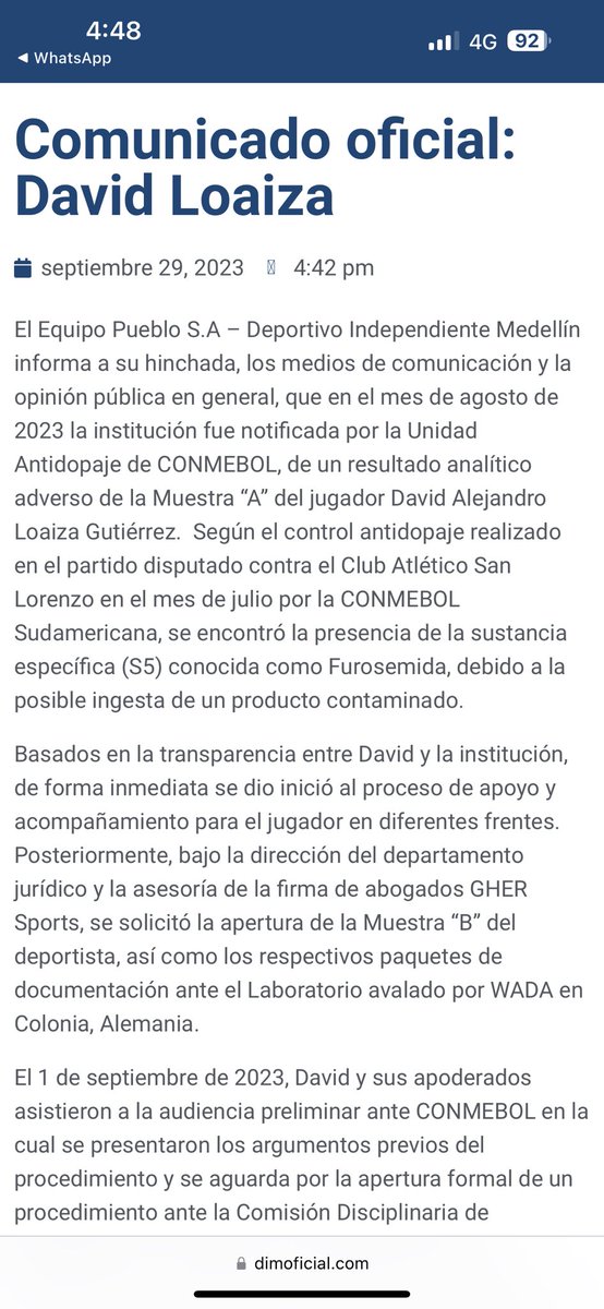 latribuna_col's tweet photo. #Noticias

El @DIM_Oficial comunicó oficialmente la situación actual que vive David Loaiza, jugador que se encuentra suspendido provisionalmente por CONMEBOL.

La suspensión se dio por un resultado analítico adverso, según el control antidopaje del partido 🆚 San Lorenzo. https://t.co/8D7fGWsv7x