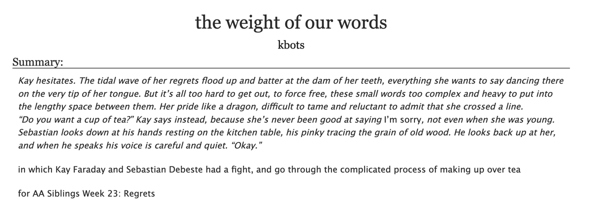 _kbots's tweet photo. a short little fic and number 6/7 for #AASiblingsWeek23, this one for the prompt Regrets! it's...very loosely regrets but whatever it's fine...i was craving tea so hard after this one

https://t.co/FyGfKW6hvJ https://t.co/1LrbsMW6Tz