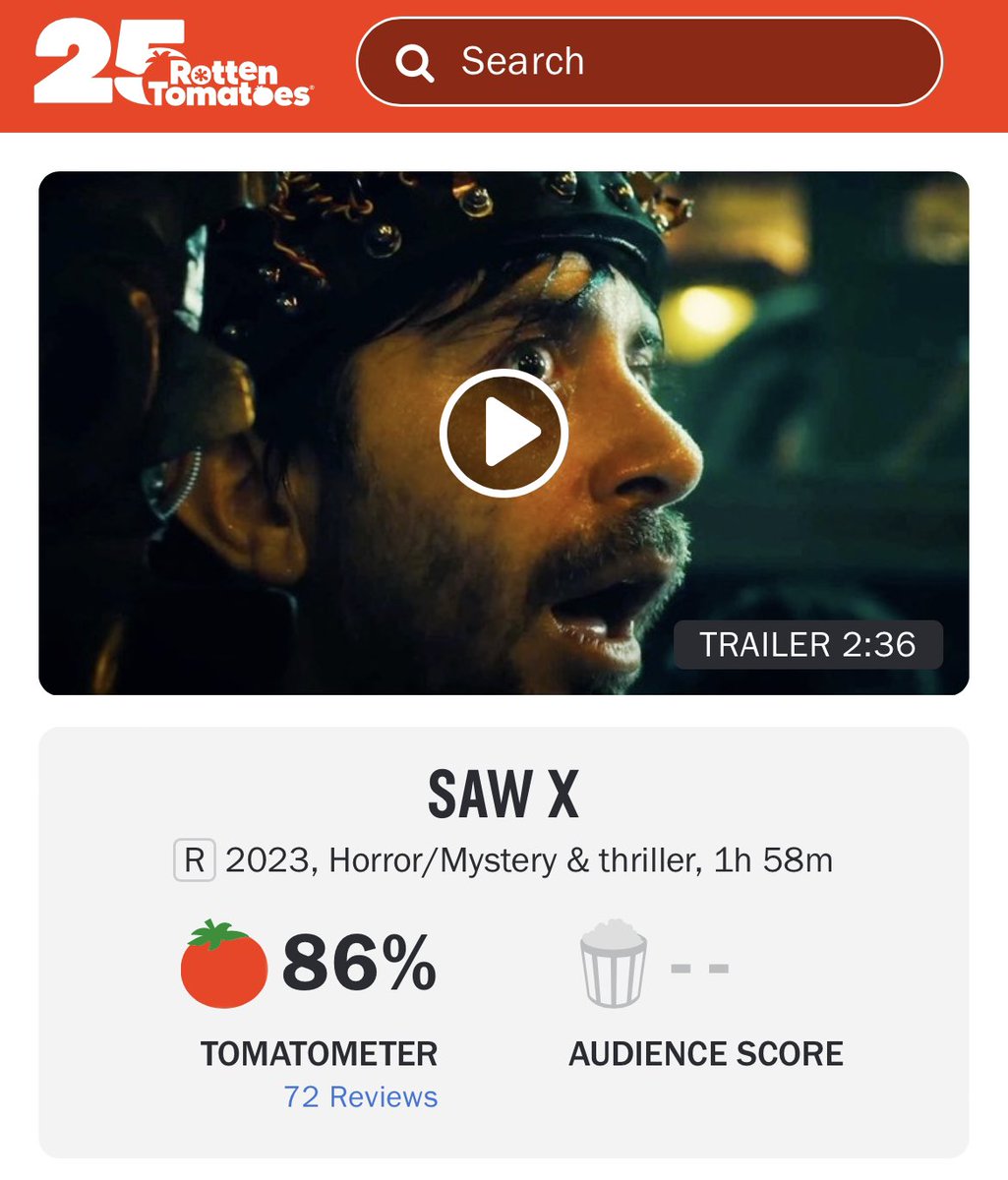 FilmUpdates's tweet photo. ‘SAW X’ is the highest rated film in the ‘SAW’ franchise. It is also the first and only one so far to receive a fresh score.

Now playing in theaters. https://t.co/ibxPpWNH1B