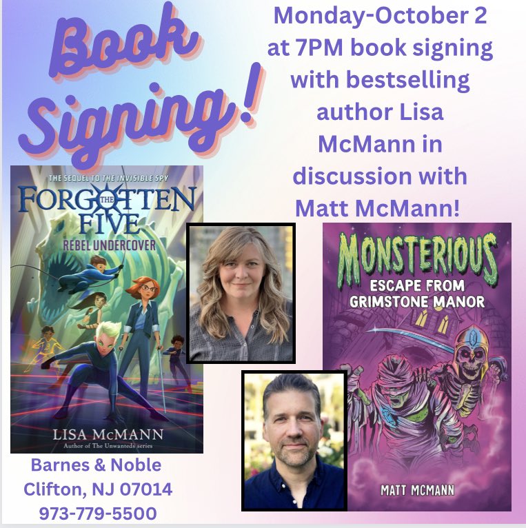 Join us this Monday, October 2nd at 7 PM for a book signing and discussion with authors Lisa McMann and Matt McMann! @lisa_mcmann @penguinkids @matt_mcmann