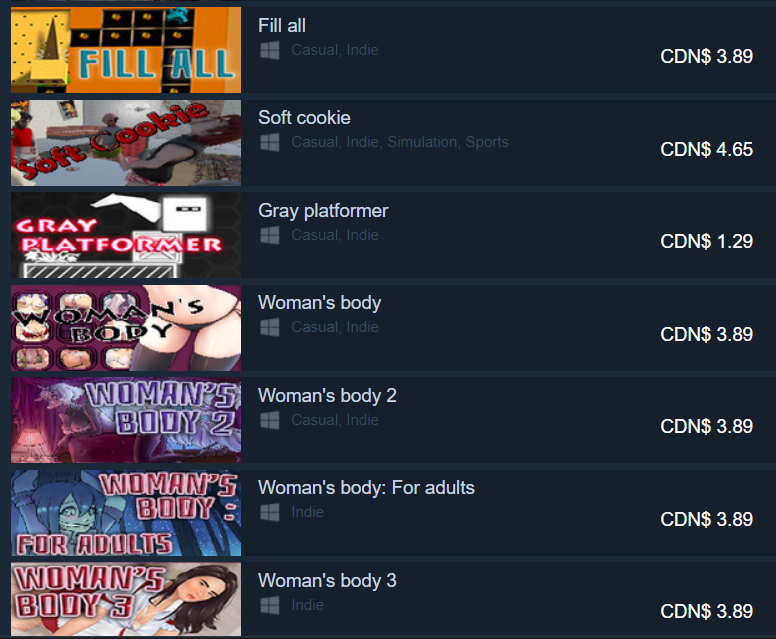 MrSwoon's tweet photo. Sort the Steam store by price. Find the $2000 serial killer shovelware game bundle with such gems as https://t.co/y7jxMrRx5u