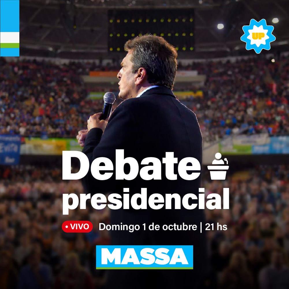 unionxlapatria's tweet photo. Este domingo es el Debate Presidencial 🎙️🇦🇷

📺 Podés ver a @SergioMassa en vivo desde las 21hs en la TV Pública.

🔗 https://t.co/OMYwjvrwj0

#Debate2023 #MassaPresidente https://t.co/UCQTr5layW