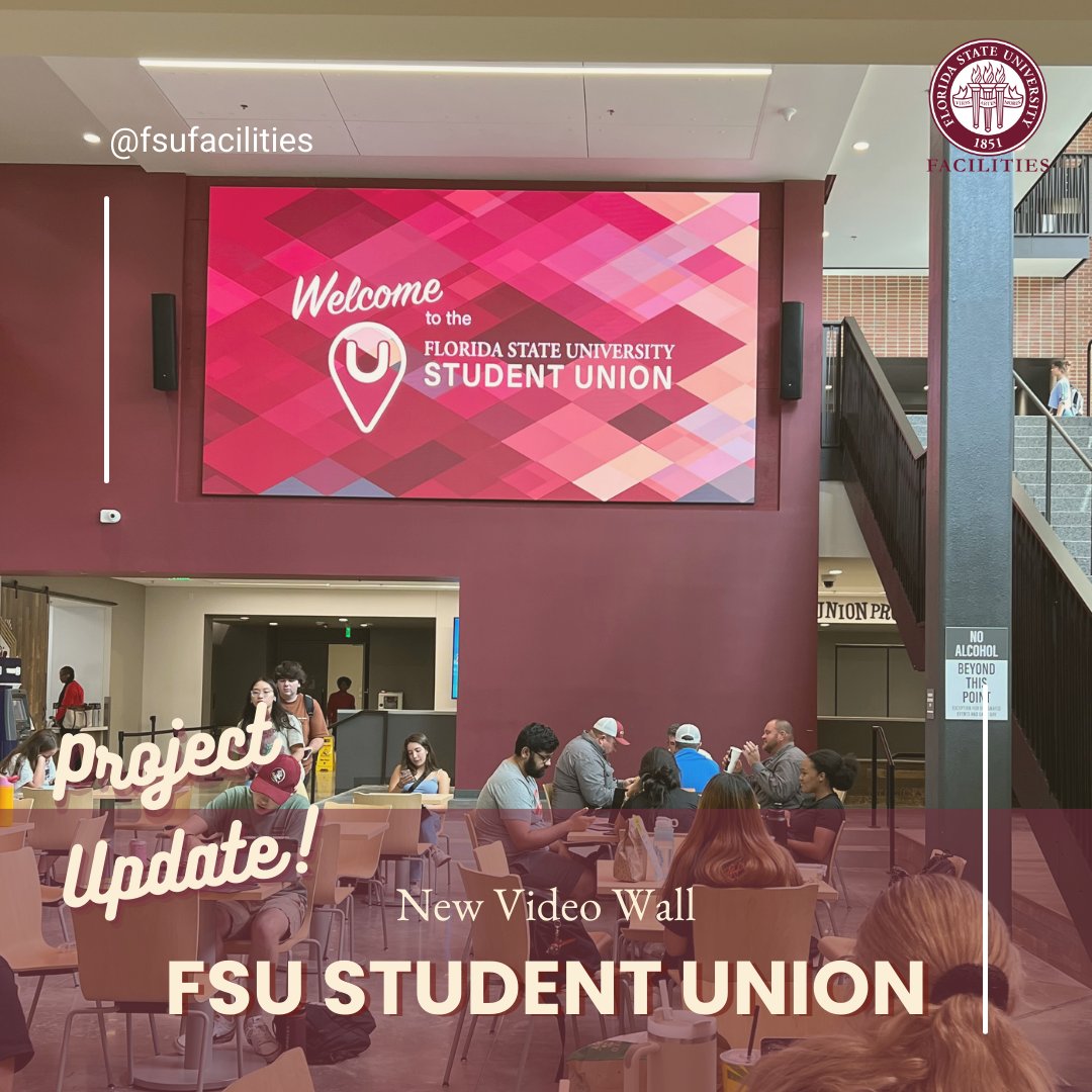 Don't forget to look UP next time you're in the lower atrium of the @FSUStudentUnion! A new video wall has been installed just in time for the weekend 📺  #BuildingExcellence 

#FSU #FSUFacilities #StudentUnion #HelloFSU @FSUDSA