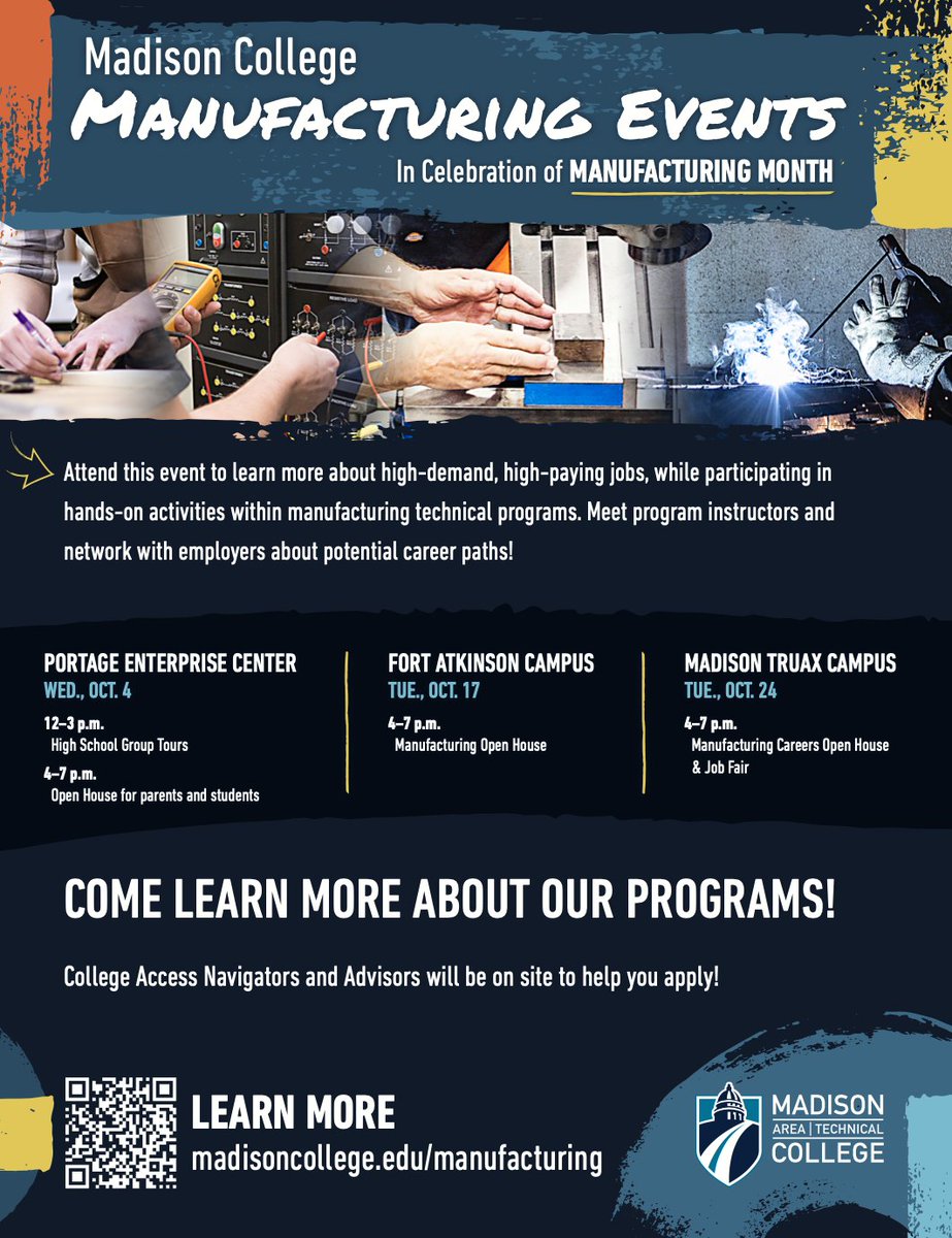 Join us in celebration of Manufacturing Month in October! Our tours and open houses are the perfect opportunity to learn more about the manufacturing programs. #madisoncollege