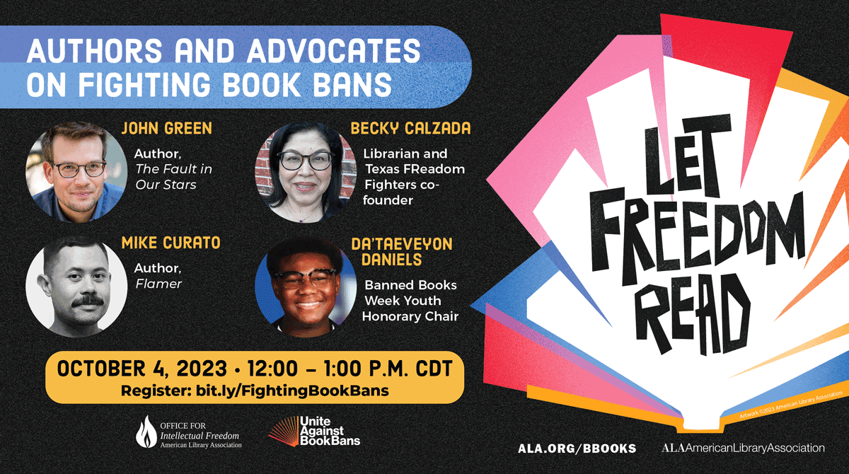UABookBans's tweet photo. 📚 October 4! Join @johngreen, @MikeCurato, @FReadomFighters's Becky Calzada and #BannedBooksWeek Youth Honorary Chair Da’Taeveyon Daniels for a conversation about the impact of book bans and the ways they've taken action to fight censorship. Register: https://t.co/XaX9ckjwdQ https://t.co/aeAUbQy8V8