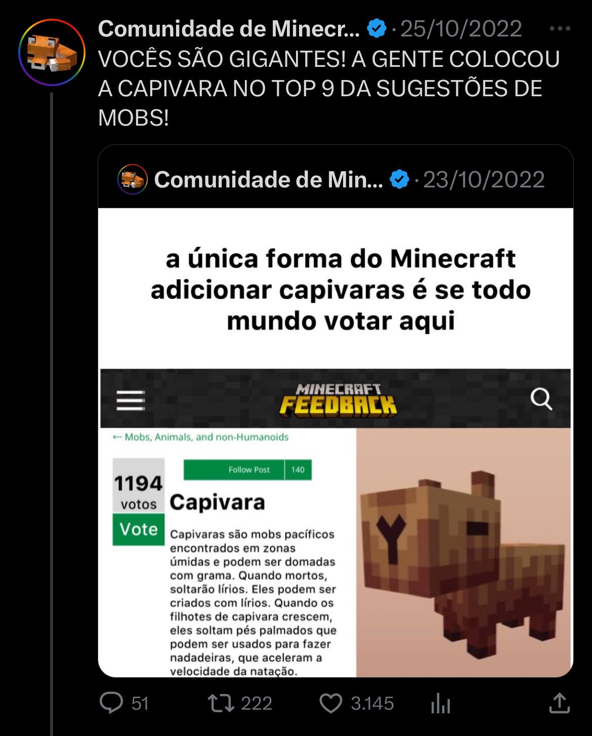 CAPIVARAS LIDERAM A VOTAÇÃO DO MINECRAFT FEEDBACK E PODEM CHEGAR AO JOGO! 