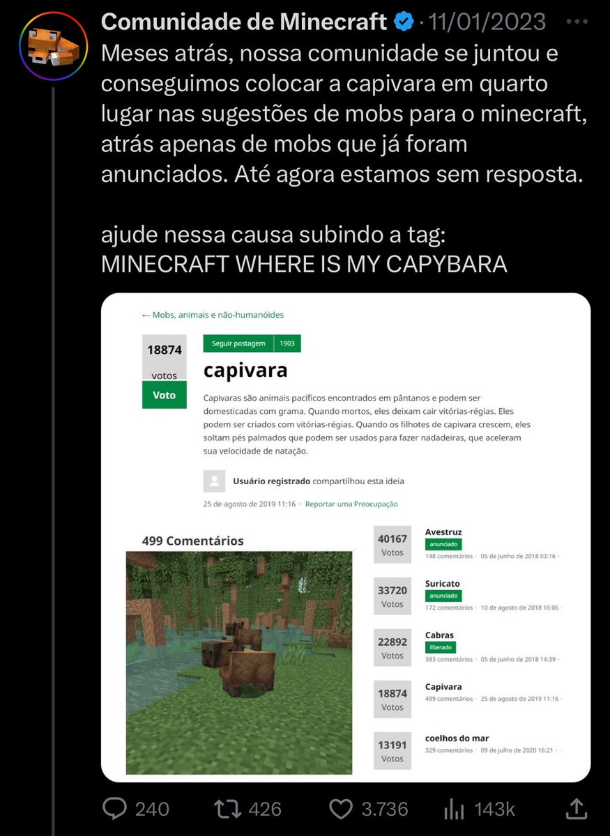 CAPIVARAS LIDERAM A VOTAÇÃO DO MINECRAFT FEEDBACK E PODEM CHEGAR