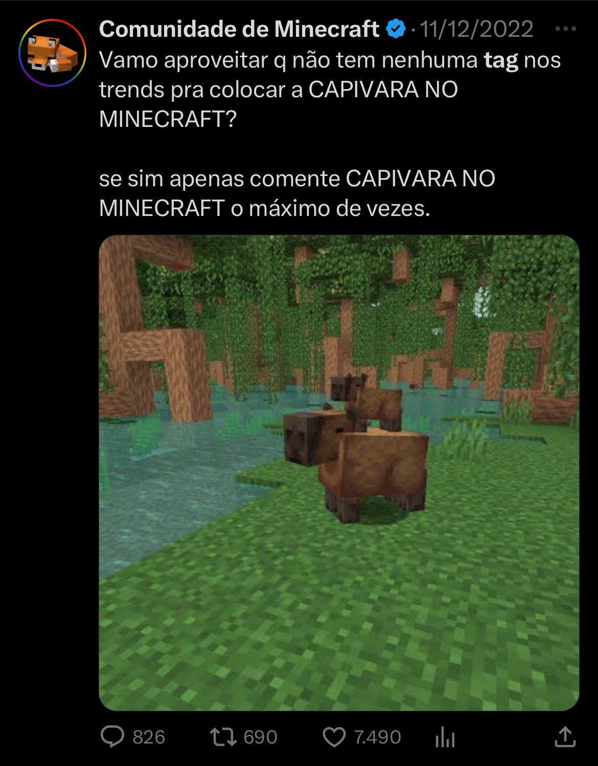 Comunidade de Minecraft on X: Capivara no Minecraft tá indo longe ❤️   / X