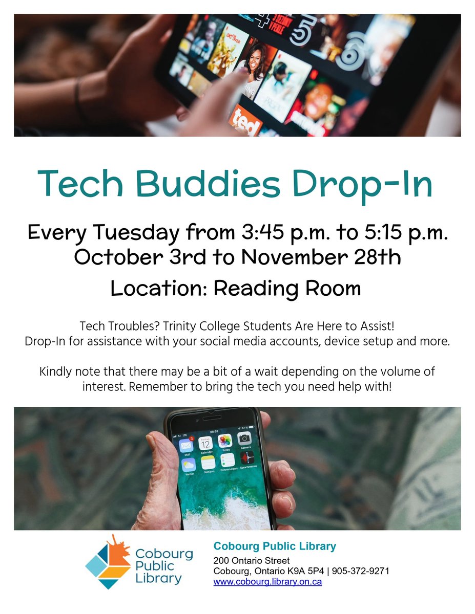 cobourgPL's tweet photo. ๐๐ก Tech snags? Don't fret! Trinity College students are here to save the day! Swing by our Drop-In Tech Help sessions, running every Tuesday from Oct 3 to Nov 28 in the Reading Room at Cobourg Library, from 3:45 p.m. to 5:15 p.m. ๐ฑ๐ป #TechAssistance #CobourgLibrary https://t.co/QoHmrCkw1h
