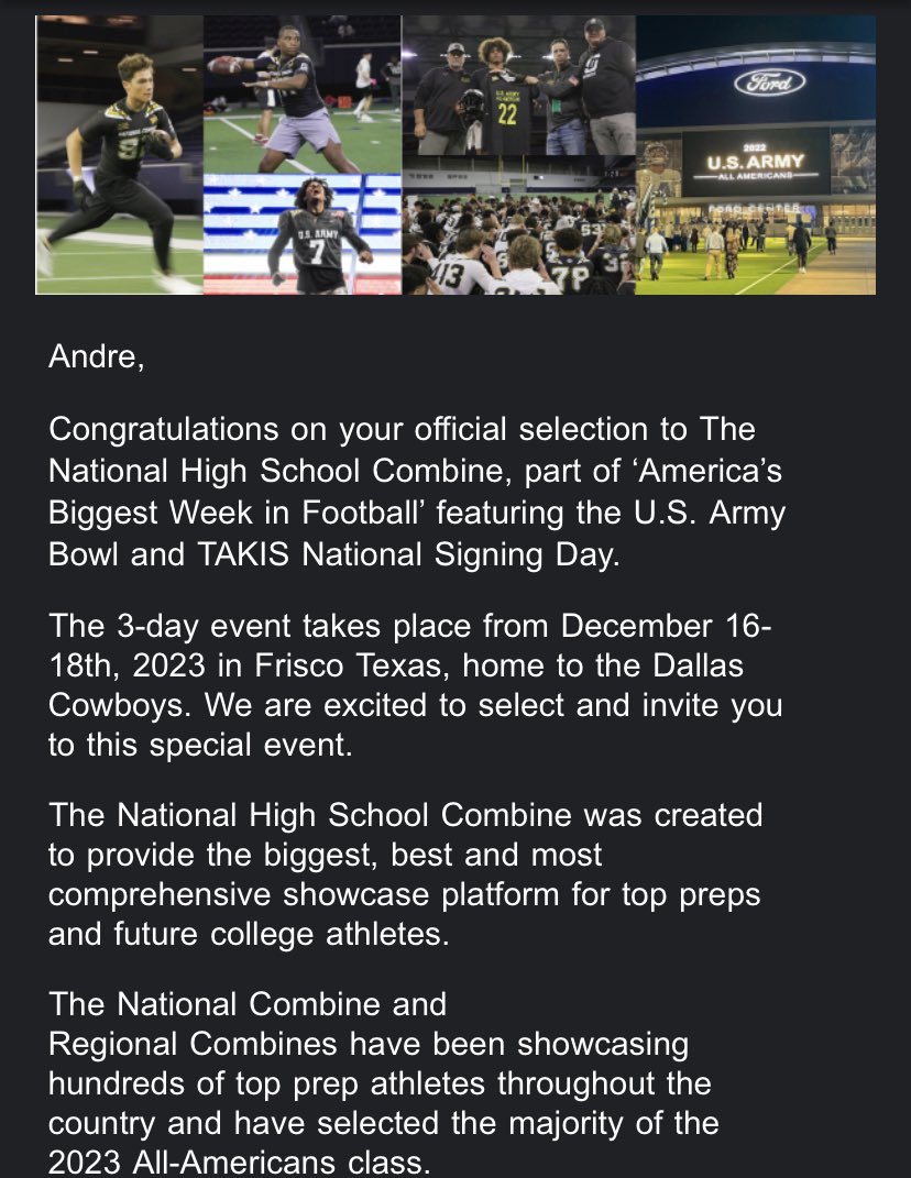 I will be at the <a href="/USArmyBowl/">Military Appreciation Bowl Week</a> combine to showcase my talents and put on for the small town guys‼️ Thanks <a href="/Leo_Mao88/">Leo Mao</a> <a href="/SDSports/">Signing Day Sports</a> for the invite @HSFBscout <a href="/adamgorney/">Adam Gorney</a> <a href="/BrandonHuffman/">Brandon Huffman</a> <a href="/gt1sa/">Greg Hardeman (Coach G)</a> @GHamilton_On3 <a href="/PatMcCann7/">Pat McCann</a> <a href="/Pumphrey6K/">Donnel Pumphrey Jr.</a> <a href="/ChadSimmons_/">ChadSimmons</a>  <a href="/CoachChipViney/">Chip Viney</a> <a href="/T1SportsAcademy/">T1SportsAcademy</a>