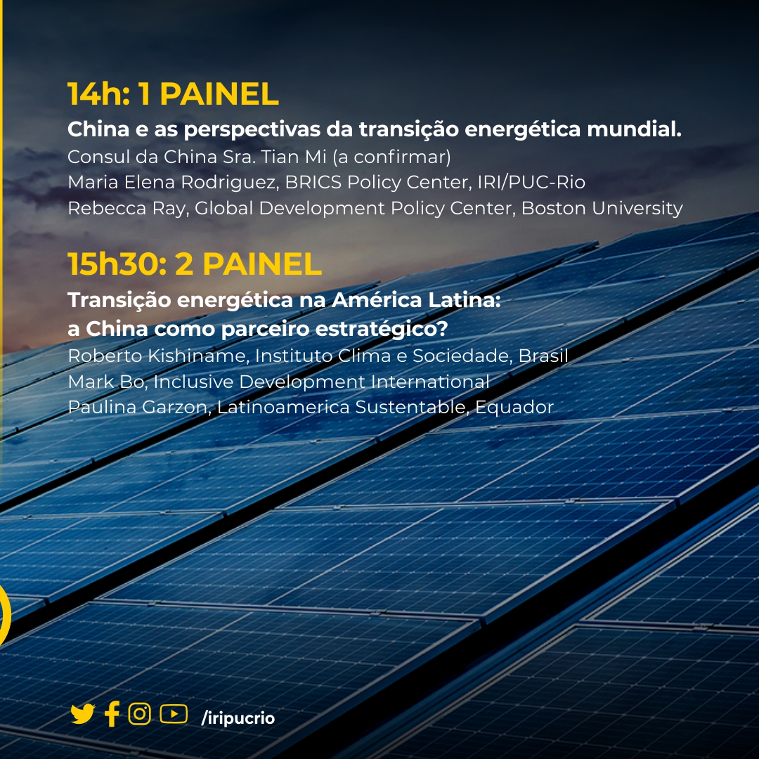 Dia 3/10, às 14h, o IRI PUC-Rio e o BRICS Policy Center em parceria com a Fundação MOTT, convidam para a Palestra: Papel da China na Transição Energética Justa e Sustentável. O evento será presencial com tradução simultânea, aberto ao público no Auditório Pe. Anchieta da PUC-Rio.