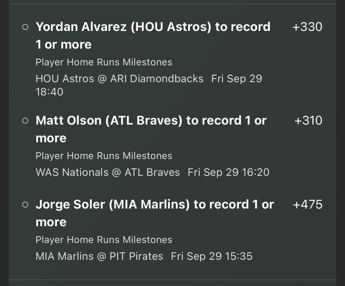 TDParlays's tweet photo. Last Friday of the regular Season! Best day of the week for homers!! Let’s hammer one???? 🔥🔥🔥

#GamblingTwitter #mlb #homeruns https://t.co/hecpVSXndd