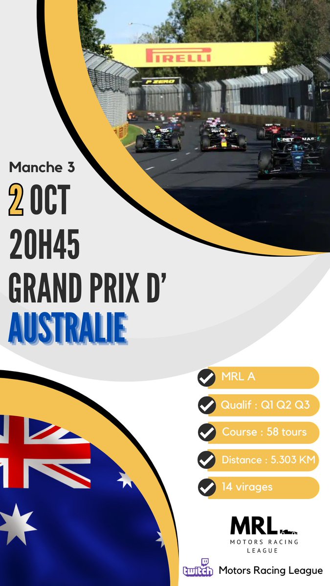 MRL_Off_'s tweet photo. 🇳🇿Grand-Prix d Australie 🇳🇿

🟡 MRL  A | Manche 3
🗓  Lundi 2 octobre 2023
⏰ 20h45
📍 Melbourne, Australie 
 
📺 https://t.co/pEDdoNXdnO… https://t.co/0bgwpwWWiZ