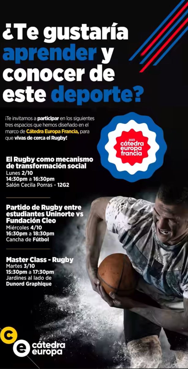 Hey, estaré hablando en un conversatorio el 2 de Octubre, Salón magistral 12G2. De parte de la Corporación CLEO, con el proyecto Rugby Social, y Spartans Rugby Club 🏉⚔️