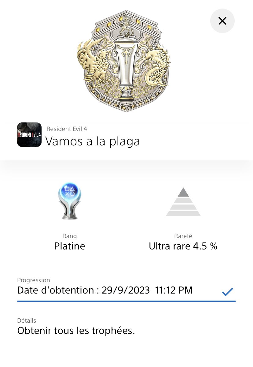 🏆28🏆 Assez fier de ce platine. Après avoir adoré la version gamecube, je ne pensais pas avoir l’énergie de finir le jeu 5-6 (je ne sais plus à force). Grand merci à @SnirOfficiel pour ses vidéos et à @PSTHC pour les chronos du speedrun. #ResidenEvil4 @MumblePs4 @PlatineHunter