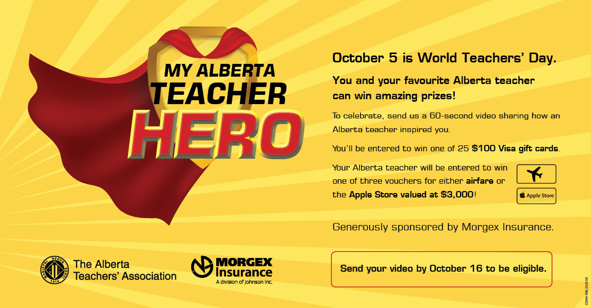 CELEBRATING TEACHERS! World Teachers' Day is October 5th. Submit and win! To celebrate, send a 60-second video sharing how an Alberta teacher inspired you. teachers.ab.ca/news/my-albert… @albertateachers