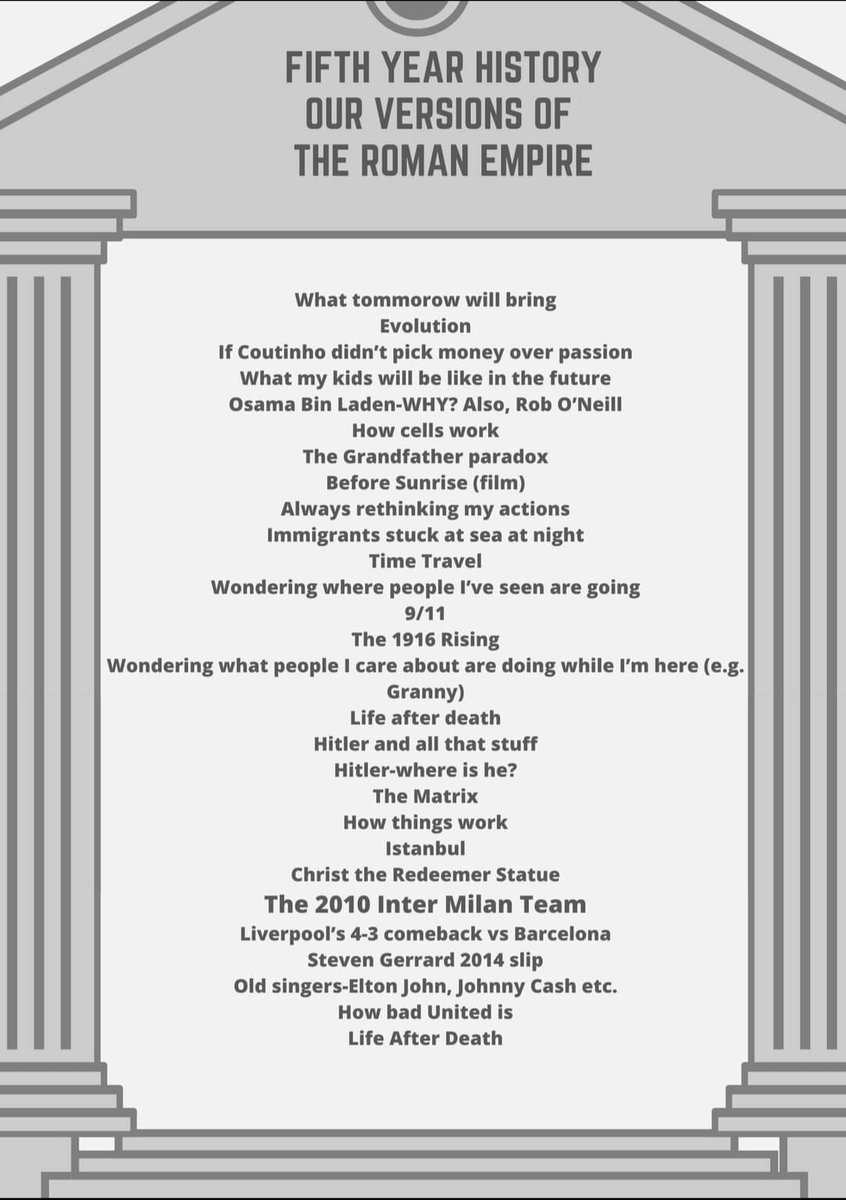 Tumedel's tweet photo. #5thyear #History #TheRomanEmpire #OurVersion #lchist #histedchatie Inspired by the viral Tik Tok trend,my 5th yr History class came up with their own versions of what they randomly think about A LOT on a day to day basis. Thanks @5j16MsDignam for the inspiration &template #boys https://t.co/bD6VBeR6yU