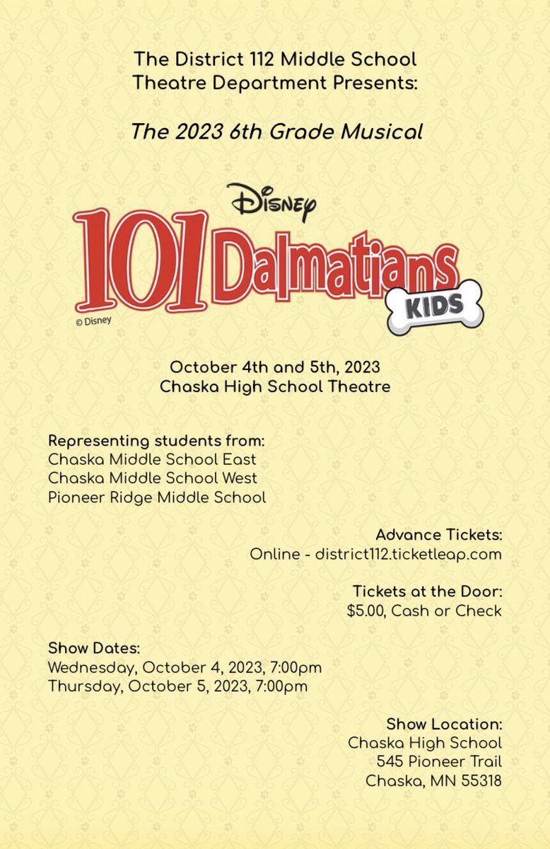 Come see 101 Dalmatians Next Week!! Wednesday and Thursday ONLY!!

Get your tickets here:
District112.ticketleap.com