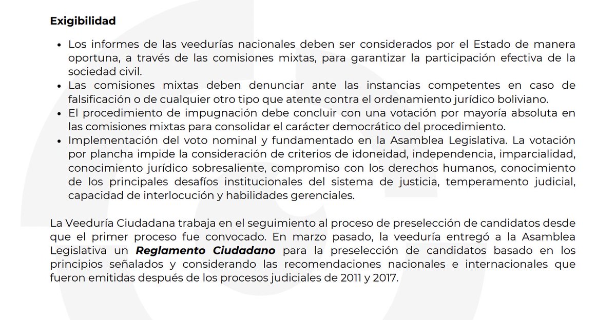#PreseleccionJudiciales2023

Entre otras 17 recomendaciones, la Veeduría Ciudadana plantea a la ALP "implementar el voto público y fundamentado a viva voz" cuando se reinstale el proceso de preselección de candidatos para las #EleccionesJudiciales en #Bolivia