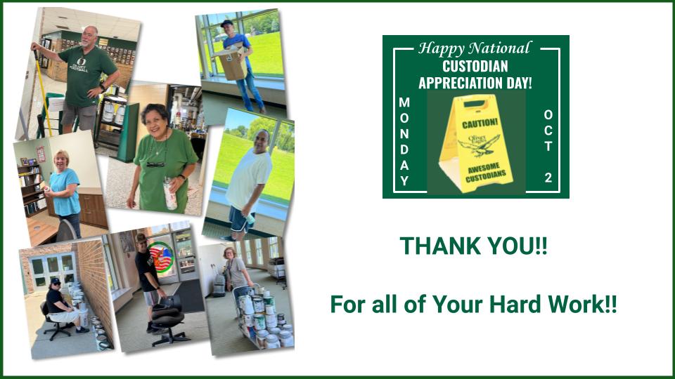 Today is National Custodian Appreciation Day, and we would like to thank Tom, Dee, John, Evan,  Art, Keagan, Joel, Brian and Sherry for all your hard work to keep OHS a great learning space, and for supporting our staff and students. #EagleNationPRIDE