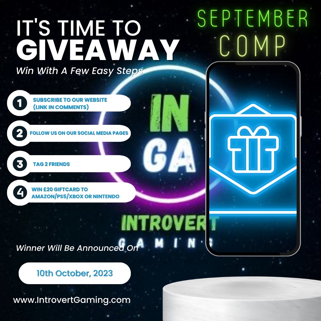 _GamerBase's tweet image. Giveaway Time!! Subscribe to our website introvertgaming.com and follow us on our social media channels for a chance to win a £20 gift card for PSN, Xbox, or Amazon. 🏆
#GiveawayAlert #giveawaytime #SubscribeNow #Folllow 
@DynoRTs @GamingRTweeters @GamerGrowthHQ @Rapid__RTs