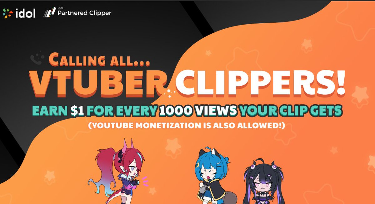 ChromaSHIFT_FTW's tweet photo. How did you discover VTubers? 

Chances are, it was through a clip that captured a memorable moment. Clippers are the behind-the-scenes champions who help VTubers reach new fans and wider audiences. 

We know recently it's been difficult to monetize this type of content, and often clippers get nothing in return. That's what we want to change.

We're excited to announce the idol Clippers Program! 

Simply put, clip our talents and earn $1 for every 1000 views your clip receives. Plus, feel free to monetize these clips on YouTube. 

This is our way of showing gratitude to those who help us and our VTuber talents.

Sign Up: 
https://t.co/Vvt5Ljs1Sc