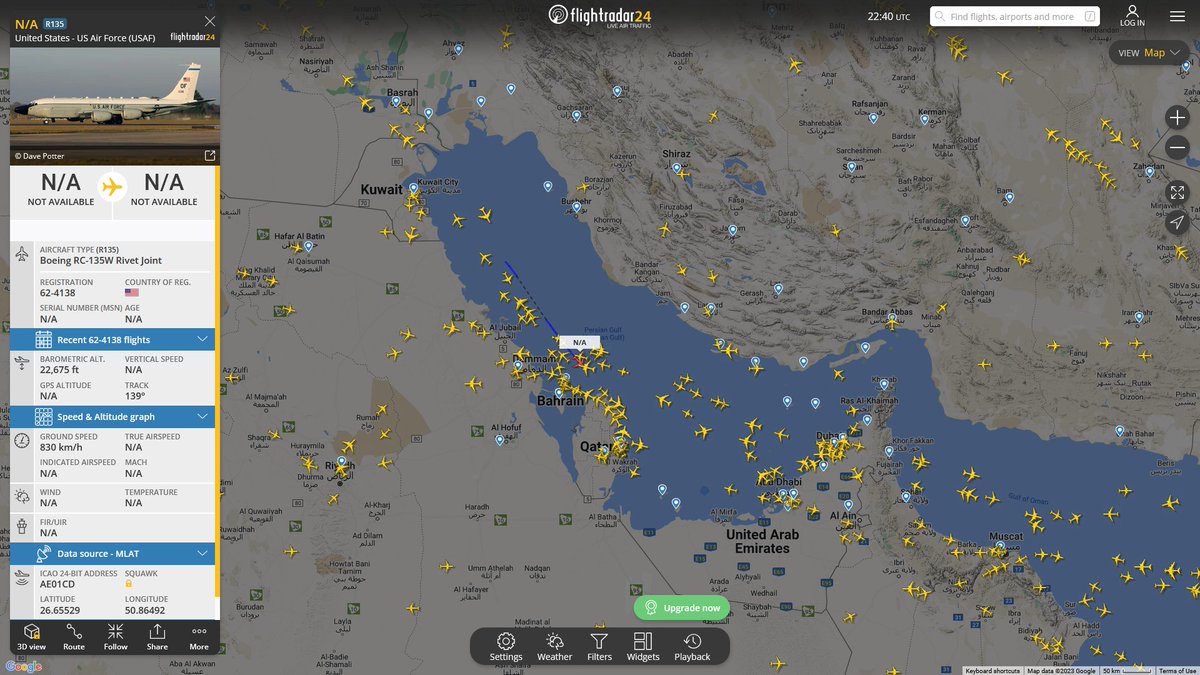 AIYeyENGDdJkjTr's tweet photo. Sept. 30, 2023 
#Al-Udeid Air Base #Iraq 

#NoCALLSIGN #AE01CD USAF RC-135W Rivet Joint https://t.co/qh9NG0GTJk