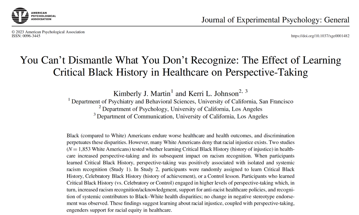 🚨Publication Announcement🚨
There are so many efforts to restrict/prohibit the teaching of race/racism. What happens when people learn an accurate history of anti-Black racism in healthcare? In work w/ (twiterless) Kerri Johnson in JEP: General we...(1/6) psycnet.apa.org/doiLanding?doi…