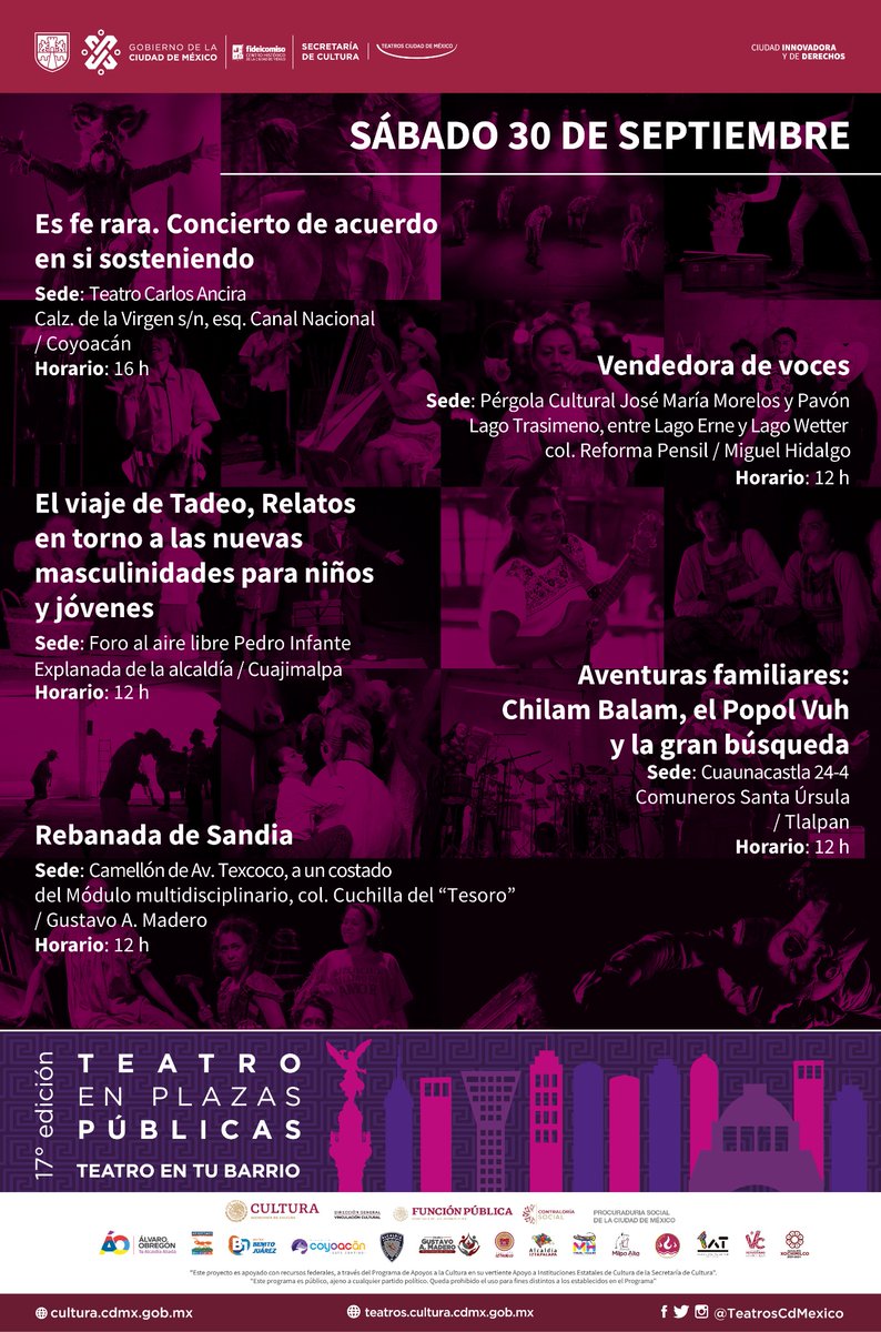 TeatrosCDMX's tweet photo. ¿Sin planes para este fin de semana? Acá te compartimos la programación de este fin de semana de #TeatroEnPlazasPúblicas para vivir increíbles espectáculos de teatro, música y danza.

Recuerda que es ¡totalmente gratis! 

#TeatroEnTuBarrio https://t.co/fcEz3LGX8E