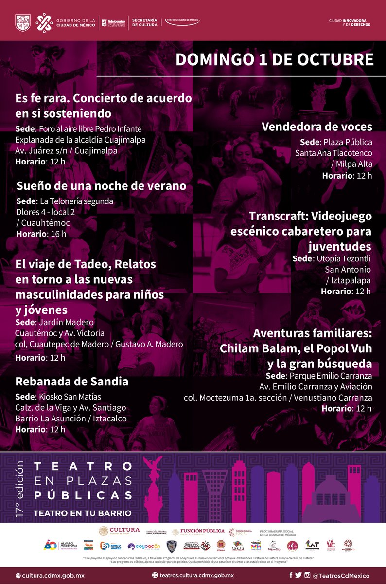 TeatrosCDMX's tweet photo. ¿Sin planes para este fin de semana? Acá te compartimos la programación de este fin de semana de #TeatroEnPlazasPúblicas para vivir increíbles espectáculos de teatro, música y danza.

Recuerda que es ¡totalmente gratis! 

#TeatroEnTuBarrio https://t.co/fcEz3LGX8E