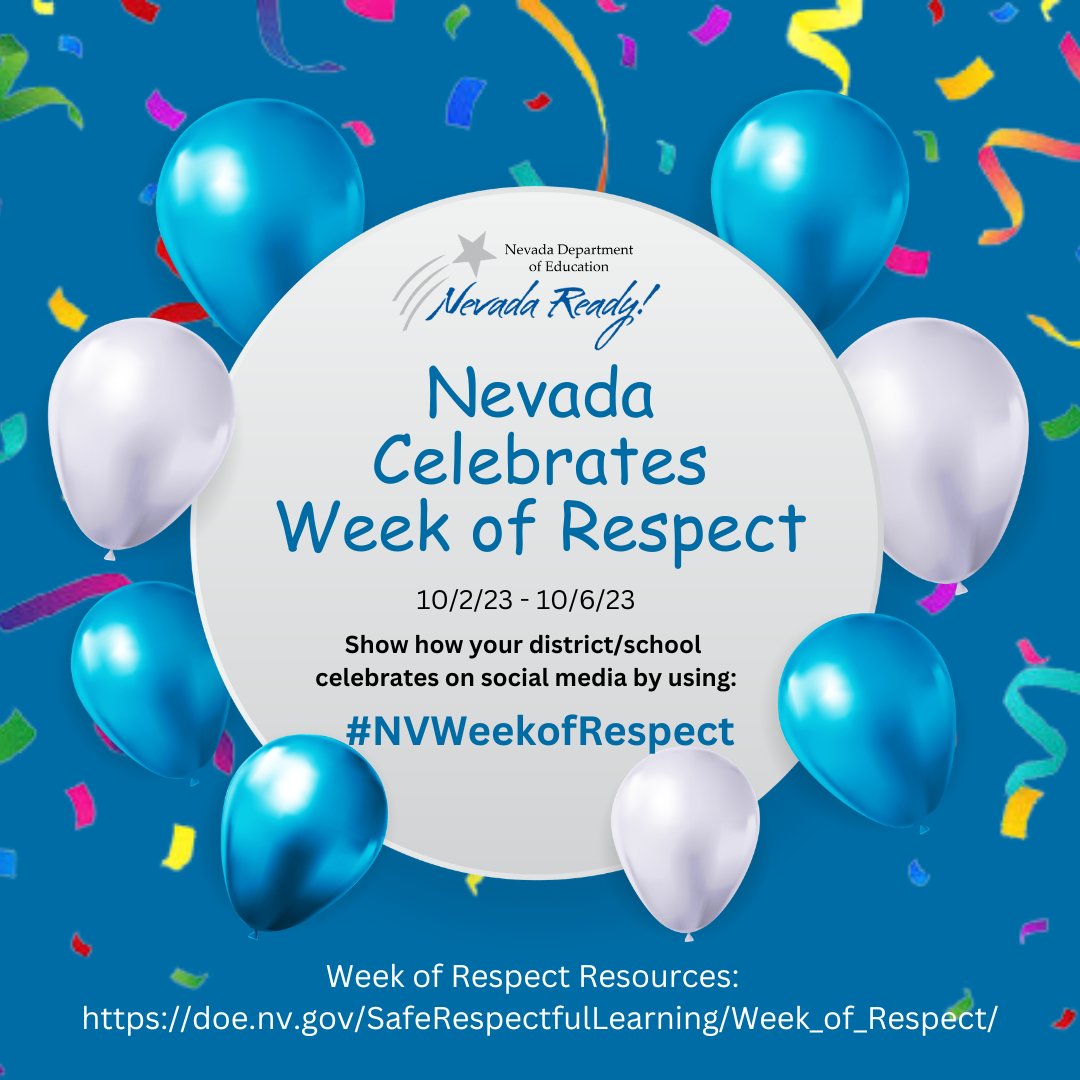 NvstateED's tweet photo. Get ready π Nevada! Week of Respect is from October 2-6, 2023. Share images or videos of your schoolβs Week of Respect activities on social media by using hashtag #NVWeekofRespect and tag us. https://t.co/gzHLK8DoHM