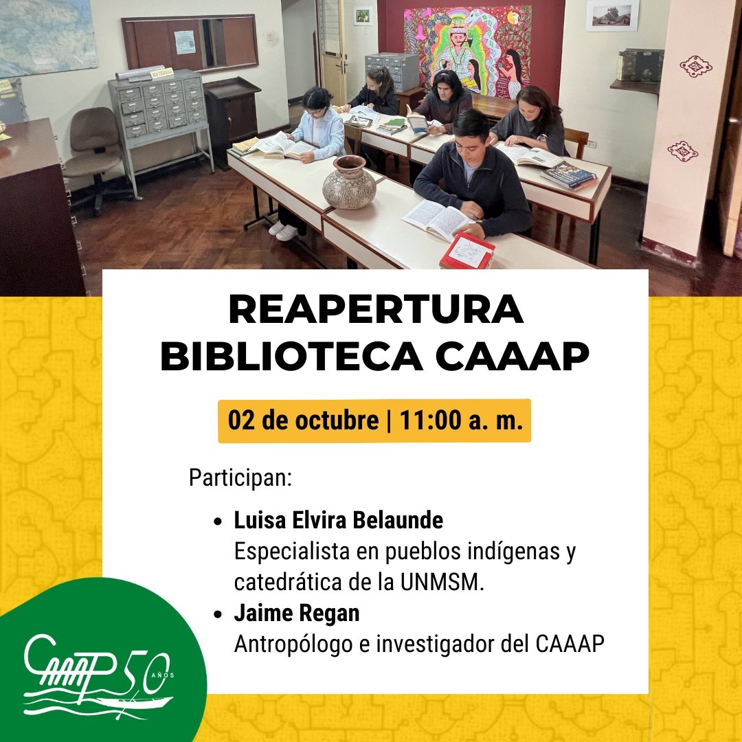 CaaapPeru's tweet photo. #CENDOC 🟡 Después de tres años de pandemia, nuestras instalaciones estarán abiertas con más de 7 000 títulos especializados en la #Amazonía
📆02 de octubre
⏰11:00 a. m.
📍Av. Gonzales Prada 626, Magdalena. 
📝 Ingreso previa inscripción 📎https://t.co/KidEGipaEP
📢¡Pasa la voz! https://t.co/wVqogX0JXe