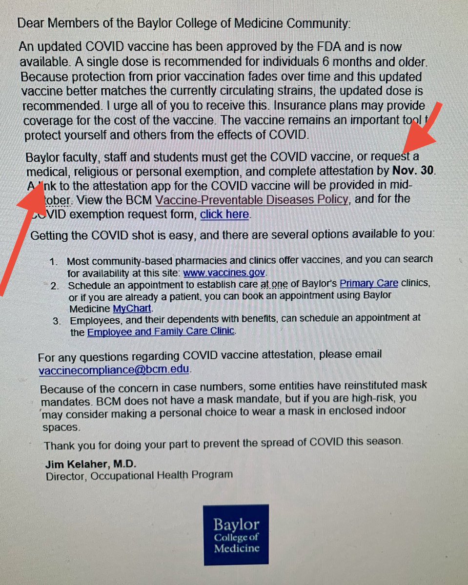 MaryBowdenMD's tweet photo. COVID shot mandates are alive and well in Texas. In an email from 9/28/23, @bcmhouston has mandated the latest shot for its students, faculty and employees. https://t.co/nfJw1wBlFs