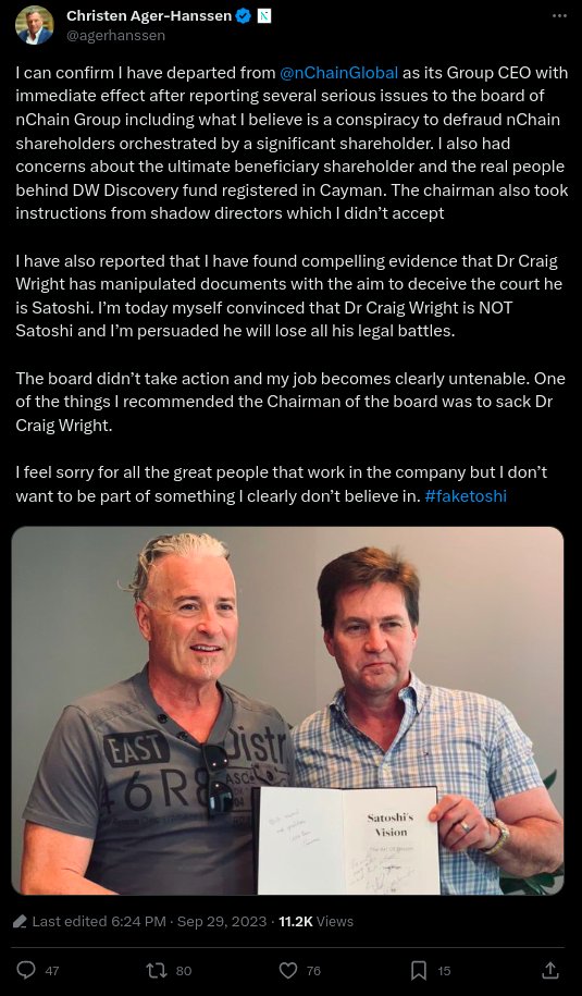Looks like <a href="/agerhanssen/">Christen Ager-Hanssen</a> finally figured out Craig Wright's a fraud after 11 months in the midst of the whole operation.

How it started                                 How it's going