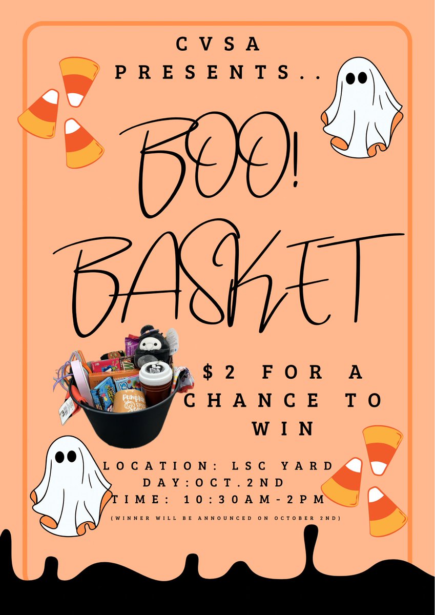SHSUCVSA's tweet photo. Hello everyone, CVSA will be hosting a fundraiser this upcoming Monday. We will be selling tickets for a chance to win a BOO basket. Share this with your family, friends, boo things, or whoever!! If you have any questions about the basket or how to buy a ticket, contact us! https://t.co/kF1L444e8M