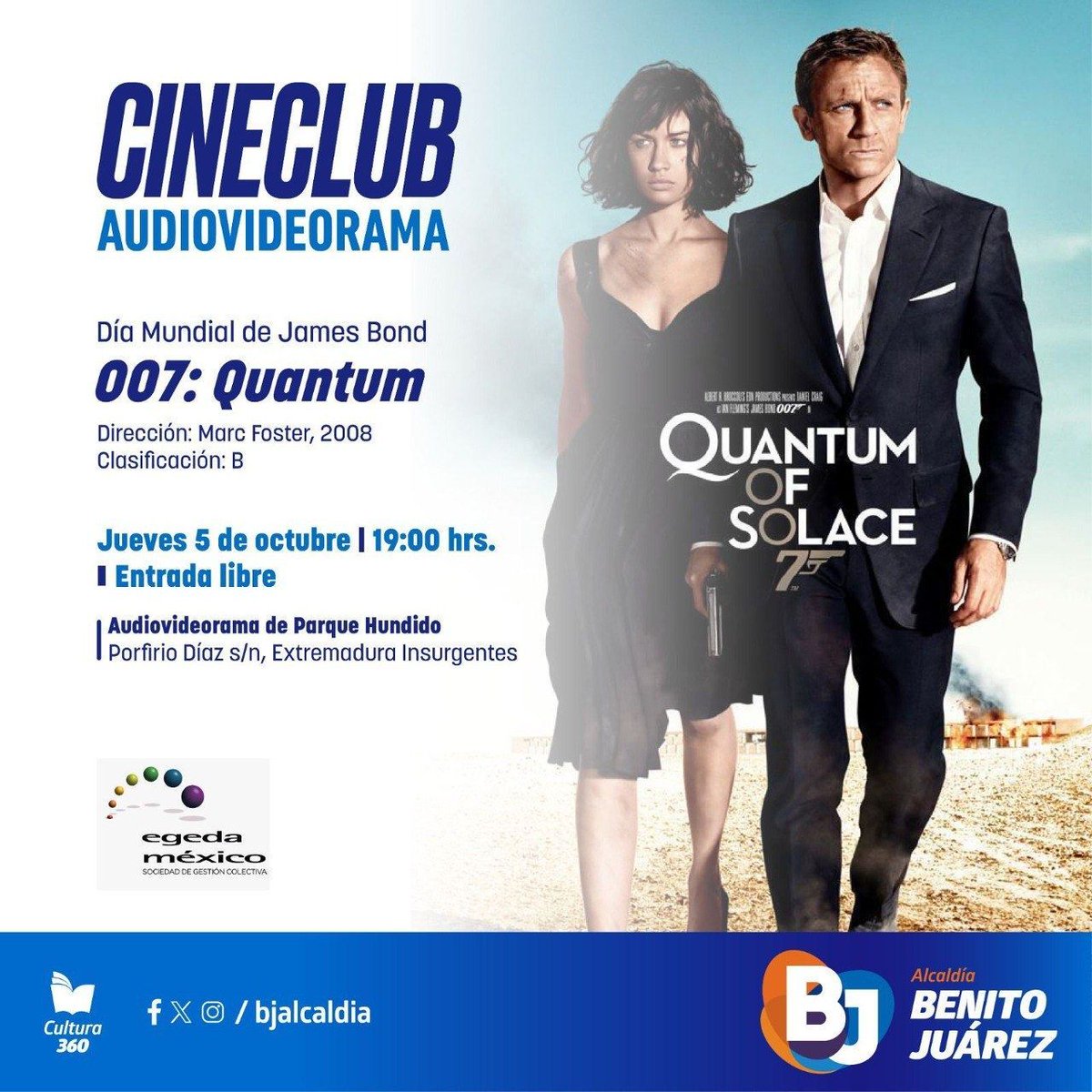 A algunos les motiva el sentido del deber. A otros la venganza. ¿Y a ti?🕶️ #DíaMundialJamesBond #CulturaBJ🎬 📍 Audiovideorama del Parque Hundido 🎟 Entrada libre