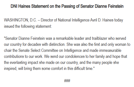 DNI Avril Haines reflects on the legacy of Senator Dianne Feinstein: dni.gov/index.php/news…