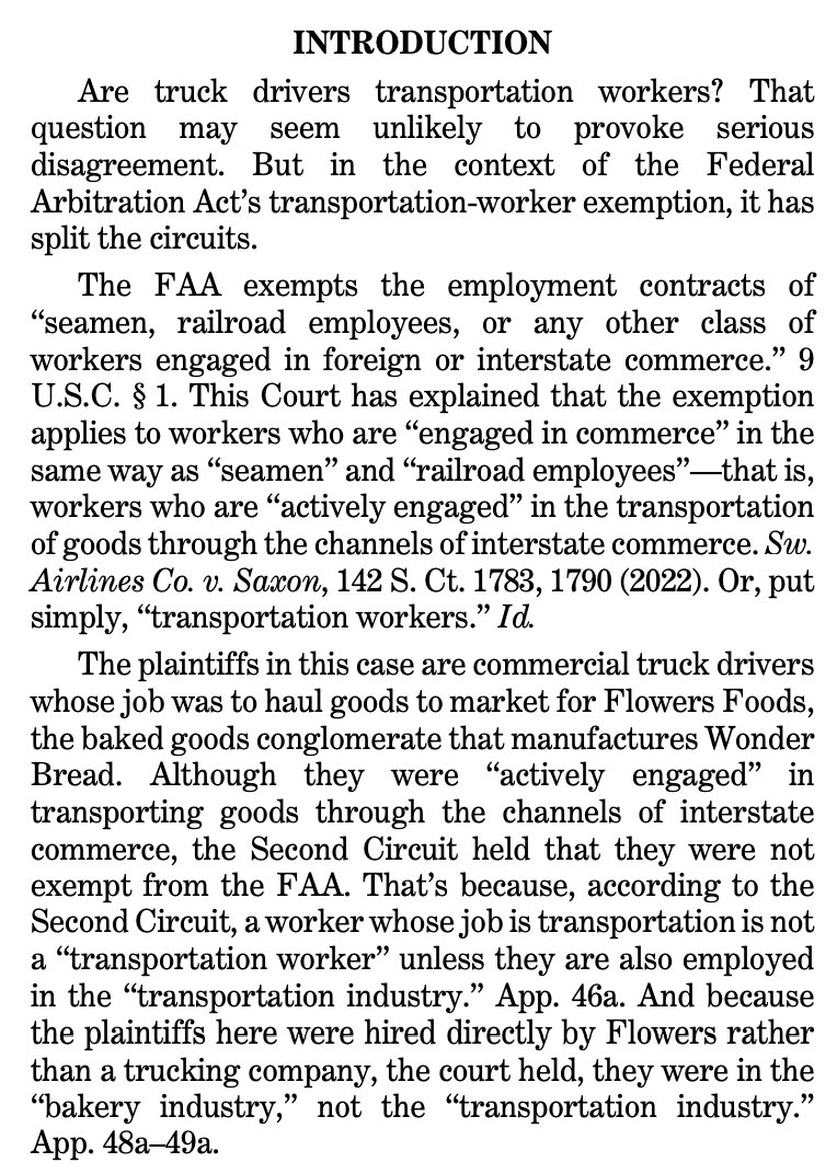 GuptaWessler's tweet photo. Today, the U.S. Supreme Court granted our petition on whether our clients, truck drivers for a bakery conglomerate, are exempt from forced arbitration under the Federal Arbitration Act's transportation-worker exception. https://t.co/GW1f5kEm2T https://t.co/Ns3t4rt2te