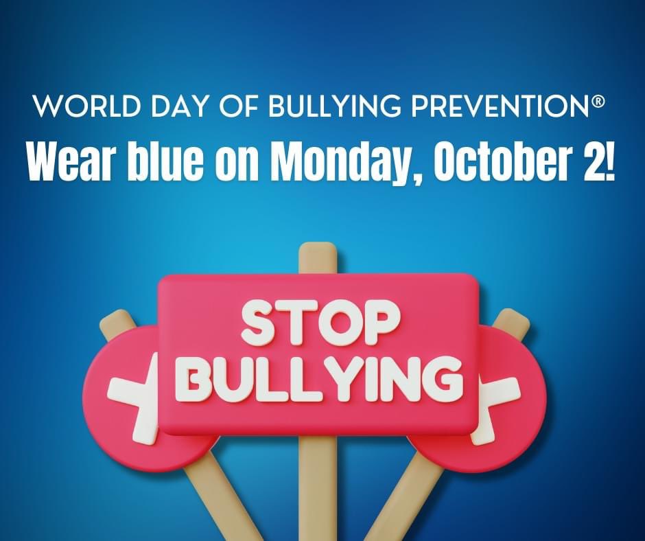 🔵 October 2 is World Day of Bullying Prevention®! Wear your blue shirt on October 2 and throughout the entire month to join students, schools, and communities all over the world go BLUE together against bullying. #1Heart1Seguin