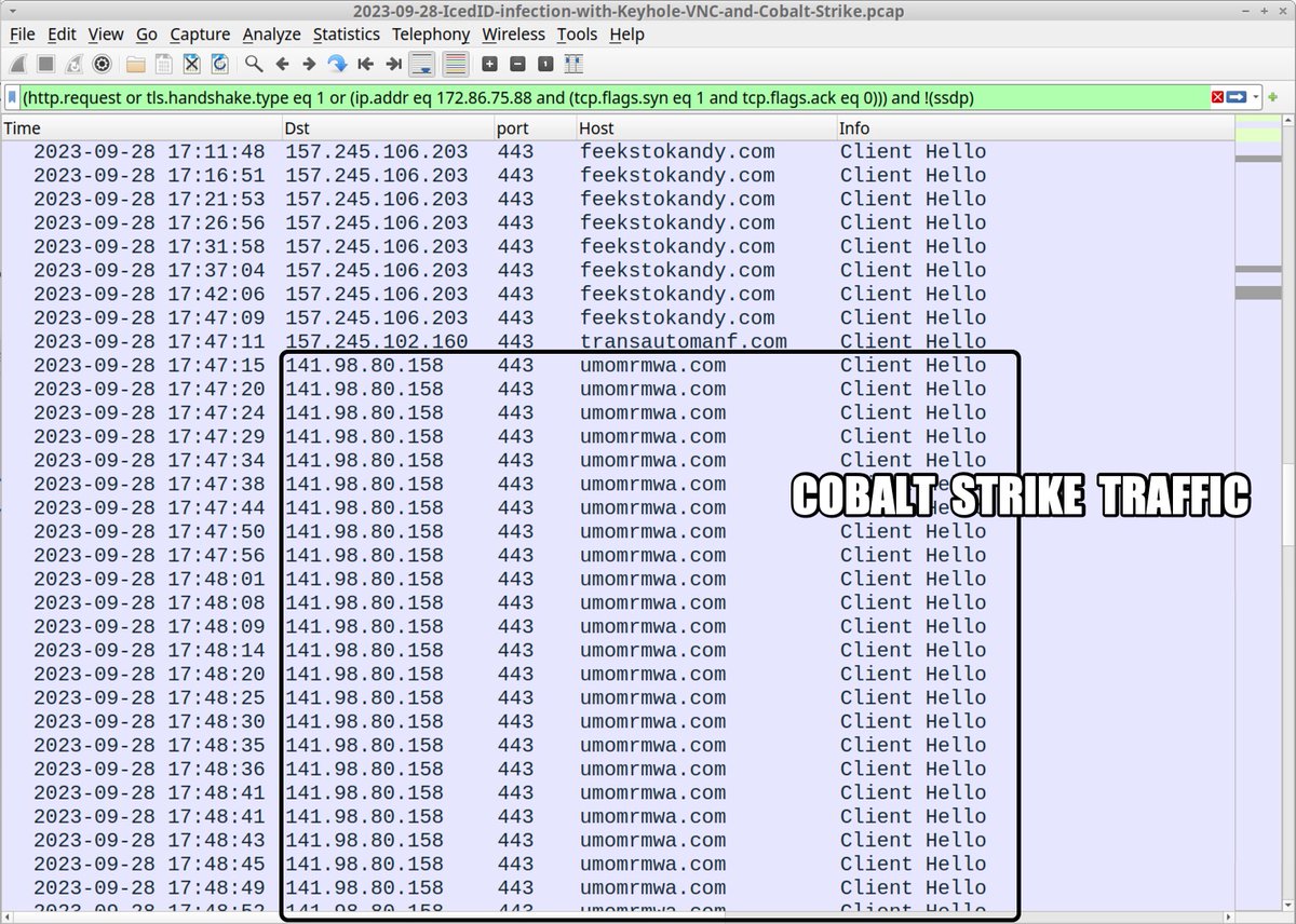 cpardue09's tweet image. #ln -s :malware_traffic: RT @Unit42_Intel: 2023-09-28 (Thursday) - #IcedID (#Bokbot) infection led to #BackConnect traffic and #KeyholeVNC on 172.86.75[.]88:443 and HTTPS traffic for #CobaltStrike on umomrmwa[.]com using 141.98.80[.]158:443. Details avai…