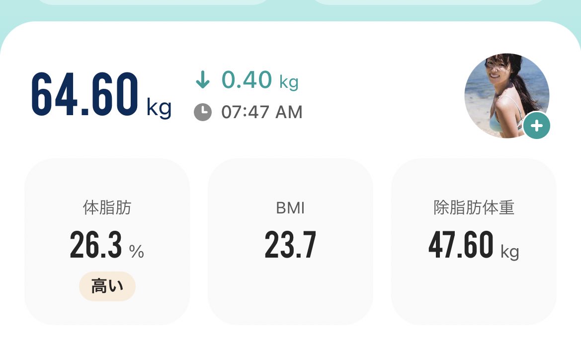 nonpxNx's tweet photo. 久々に64kg代見たなぁ！来月こそは63kgになる！ https://t.co/iwEkijmmJl