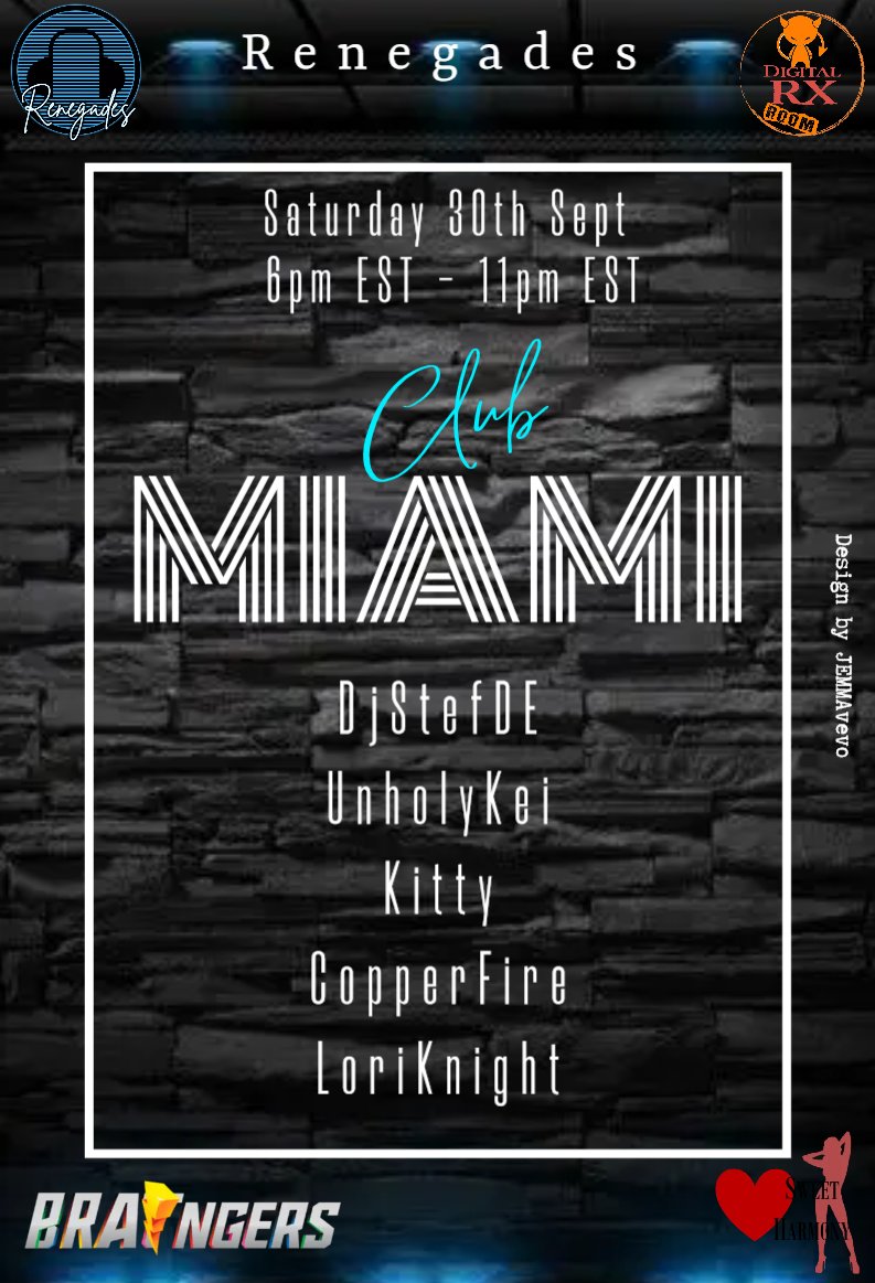 drx_rx's tweet photo. Saturday night Sept 30th at 6pm ET/12am CEST head out to the Renegades Club Miami for some hot sounds from DJ @stef3dxchat @serpent_fang92 @iKitty3dx DJ CopperFire and @LoriKnight3dx
#drx #drxroom #3dxchat #3dxchatparty https://t.co/YjZmdNFrxp