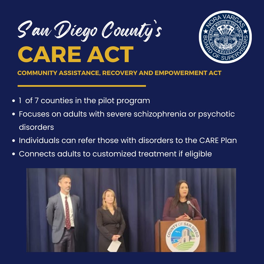 I am excited to announce that Tomorrow, October 1st, we're launching the San Diego County CARE Act program!

This act provides voluntary treatment options for adults battling severe mental health conditions.   #CAREAct #MentalHealthMatters #SanDiegoCAREAct