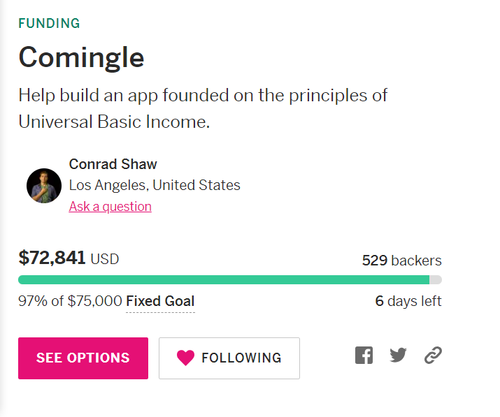 LilithX's tweet photo. Only 6 days left! Help make it happen for Comingle on @indiegogo https://t.co/xns8eT1RLW 
#ubi #YangGang #news #crowdfunding https://t.co/tbqs1ATcLZ