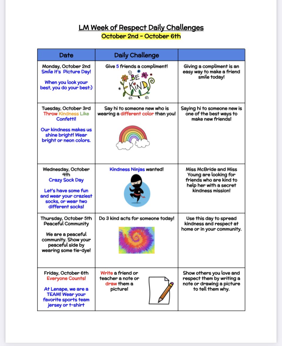 Week of Respect at Lenape Meadows will occur next week! Feel free to participate in our daily Spirit Days! <a href="/mahwahschools/">Mahwah Public Schools</a>