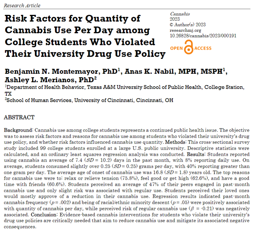 New Cannabis journal article published today! Risk Factors for Quantity of Cannabis Use Per Day among College Students Who Violated Their University Drug Use Policy. @TAMUHealth @TAMU @uofcincy

publications.sciences.ucf.edu/cannabis/index…